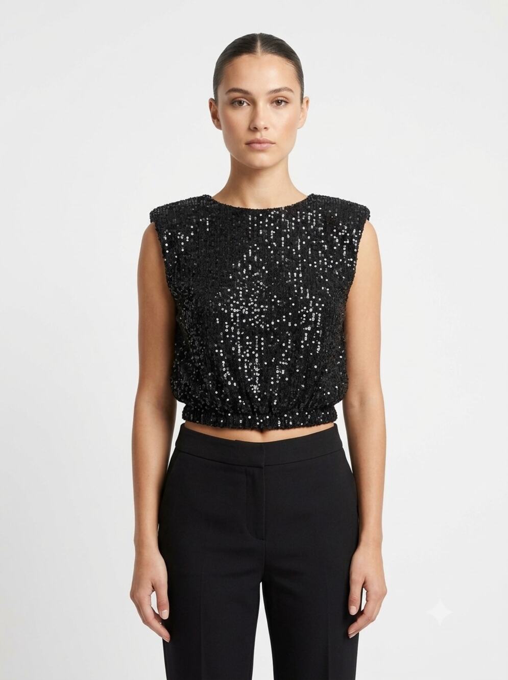 DO+BE Crop Blouse Top Women's S Black Sequin Shimmer Cap Sleeve Party Holiday